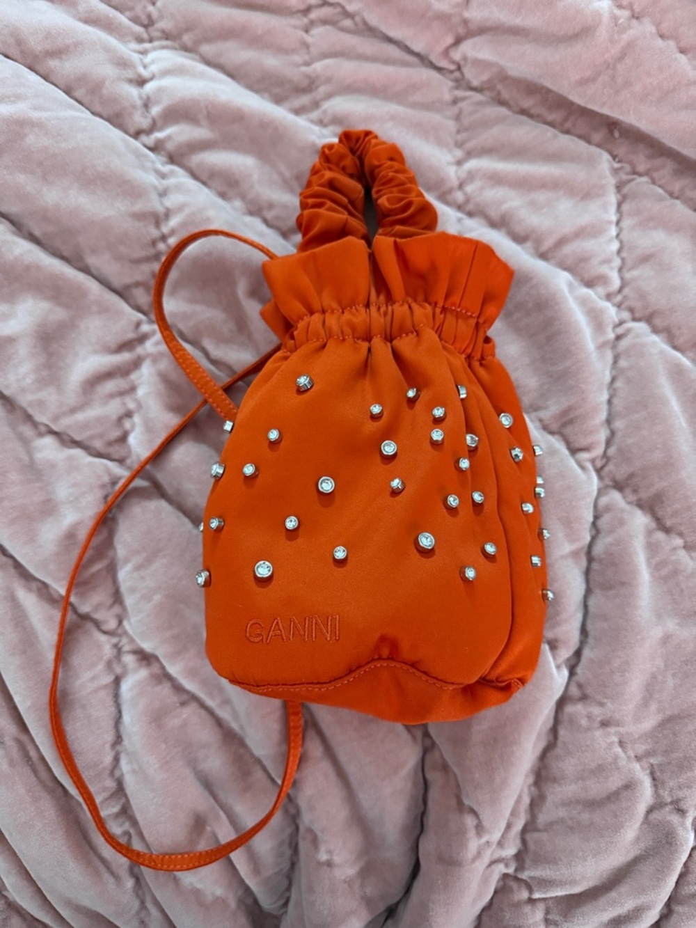 GANNI Crystal-Embellished Ruched Bucket Bag